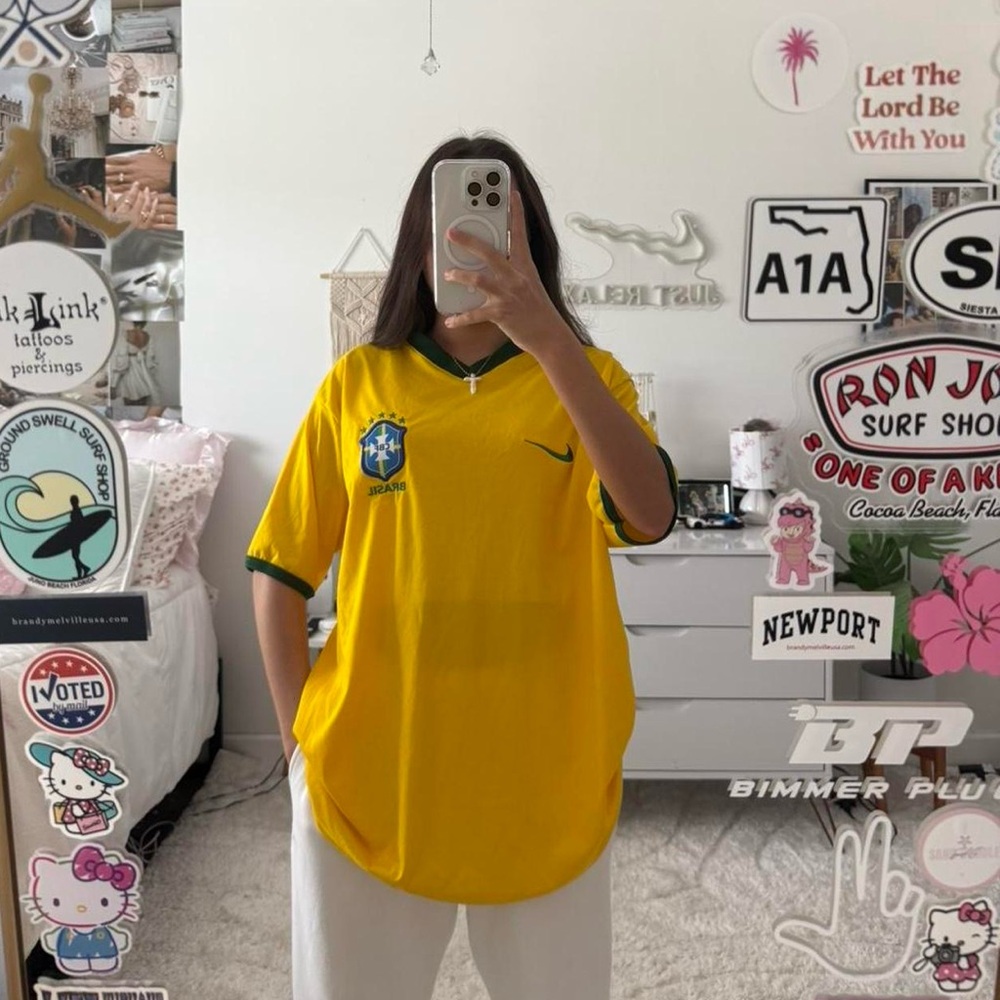 Nike Yellow Brazil Soccer Jersey with Green Trim